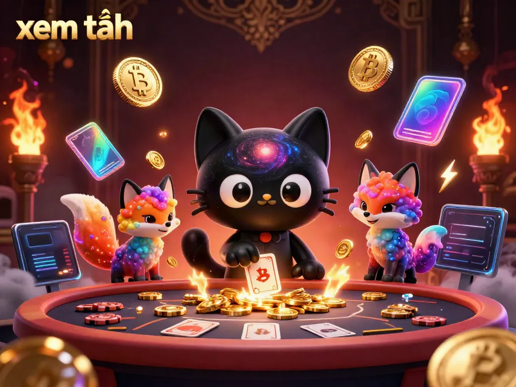 Win big with "xem thêm" in this vibrant cosmic casino scene featuring an enchanting cat and fox.