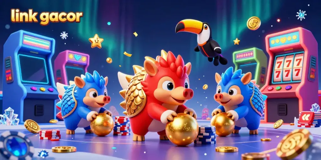 Experience the thrill of slot gacor as rival pangolins roll golden balls amidst colorful arcade games.