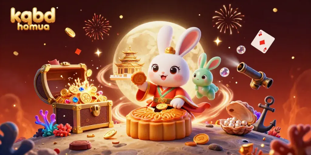 Engage with kqbd hom qua in a vibrant 3D illustration of moon rabbits revealing poker chips amidst a festive casino ambiance.