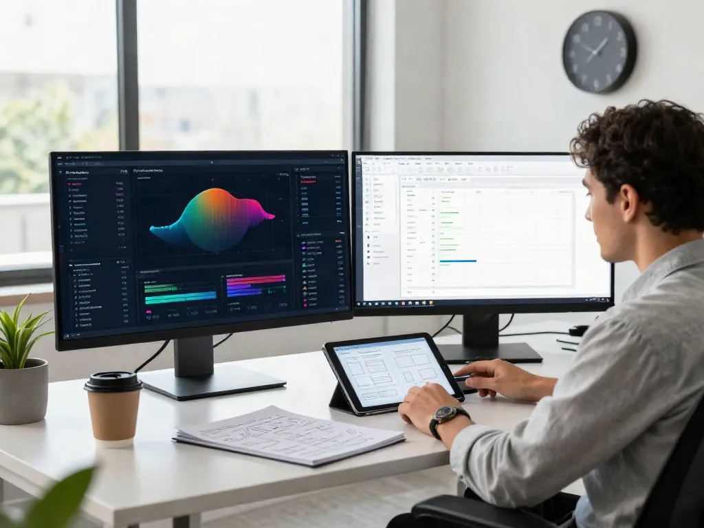 Data analyst using an AI rank tracker dashboard in a modern office, with dual screens and analytics tools.