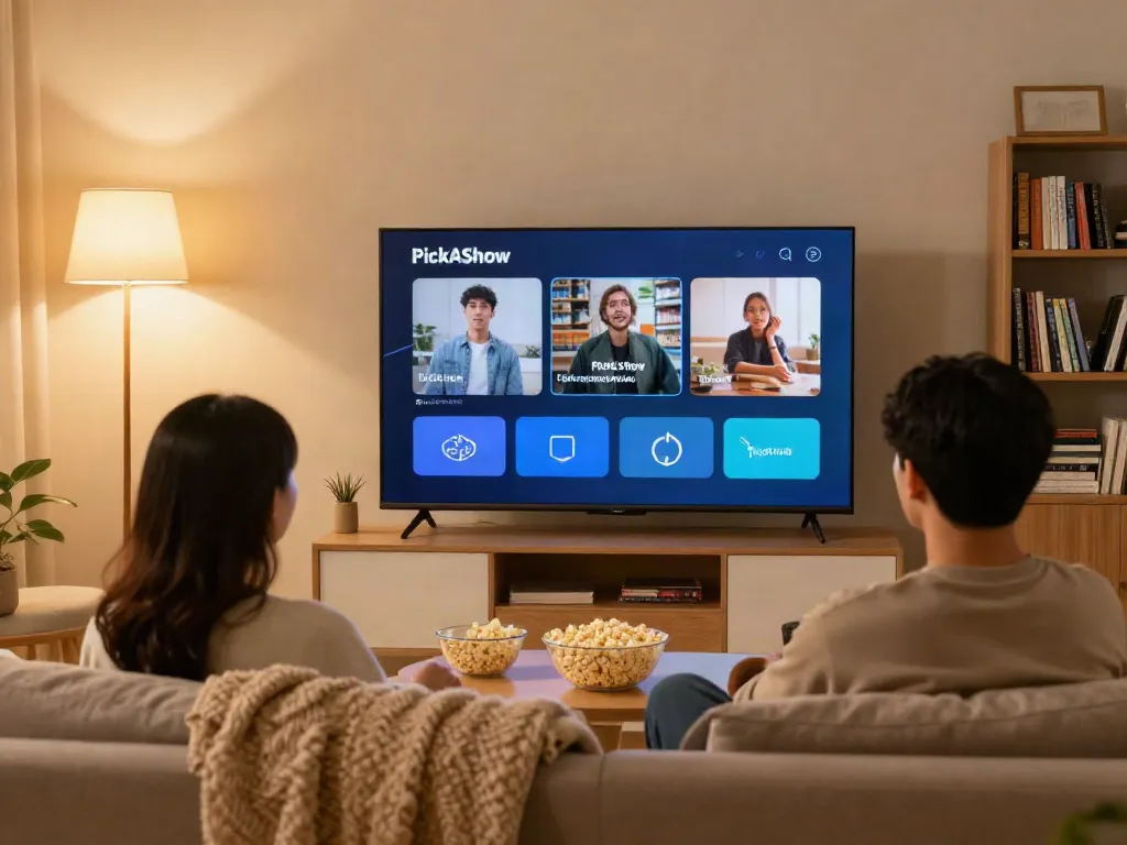 Couple enjoying movie night with the PickAShow App in a cozy living room setting.
