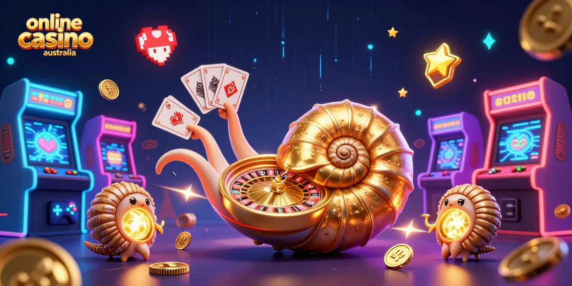 Engage in a vibrant online casino experience in Australia featuring a giant nautilus and neon game elements.
