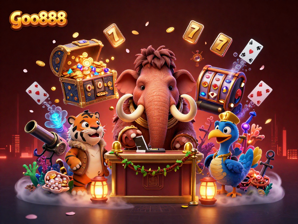 Experience the excitement with goo888 in a vibrant casino illustration featuring dynamic characters and rich elements.