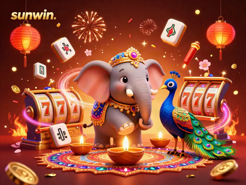 Experience excitement with sunwin. as a colorful elephant celebrates among dynamic casino elements and festive decorations.